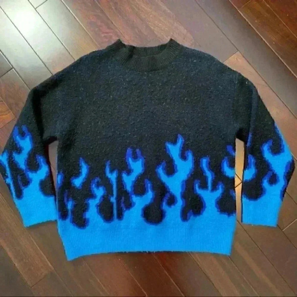 SHEIN Oversized Sweater Crewneck Pullover Flame Print Black Blue Size Small - Picture 15 of 16